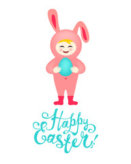 Happy Easter card. Child in Easter Rabbit costume with Easter egg