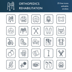 Orthopedic, trauma rehabilitation line icons. Crutches, orthopedics mattress pillow, cervical collar, walkers and other medical rehab goods. Health care thin linear signs for clinic and hospital.