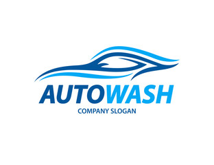 Automotive car wash logo design with abstract blue sports vehicle silhouette icon isolated on white background. Vector illustration.