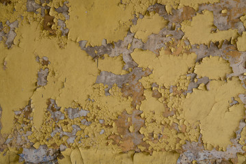 Texture of yellow shabby wall with grey substrate in abandoned building