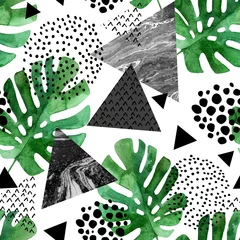 Crédence de cuisine en verre imprimé Impressions graphiques feuilles tropicales aquarelles et fond de triangles texturés