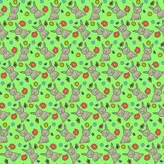 Cute pattern with rabbits, birds and flowers. Nice happy easter animal texture for kids textile, wrapping paper, covers, backgrounds