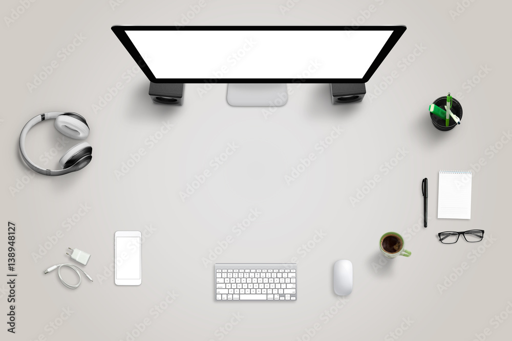 Poster Desk with technology devices with free space for text. Top view of computer display, mobile phone, keyboard, mouse, headset, pad, glasses, coffee, pens.