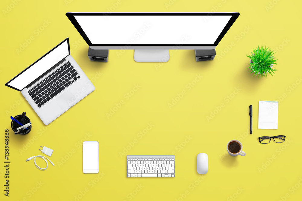 Aufkleber yellow office desk with computer display, laptop, and mobile phone. creative scene with free space f