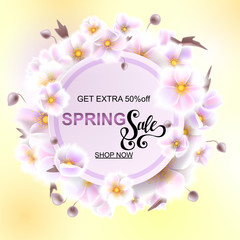 Advertisement about the spring sale on defocused background with beautiful white flowers. Vector illustration.