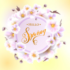 Greeting card with white flowers, can be used as invitation card for wedding, birthday and other holiday and summer, spring background. Round frame for text flower, delicate wreath