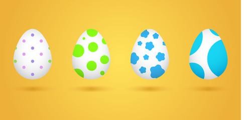 Set of realistic eggs on yellow background. Easter collection. Vector illustration.