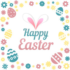 Colorful illustration with the title Happy Easter and flowers on white background.