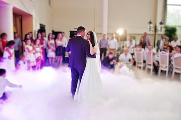 Awesome first wedding dance with smoke and rose purple lights. - obrazy, fototapety, plakaty