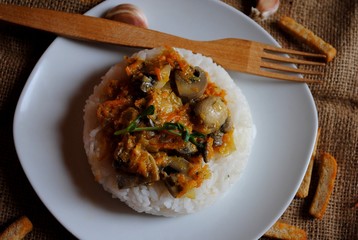 rice with mushrooms and steamed vegetables