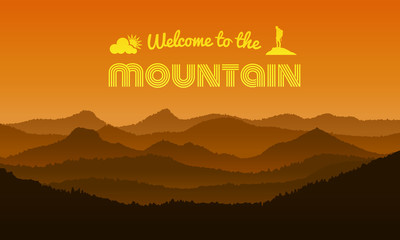 welcome to the Mountain text on orange mountain layer abstract background vector design