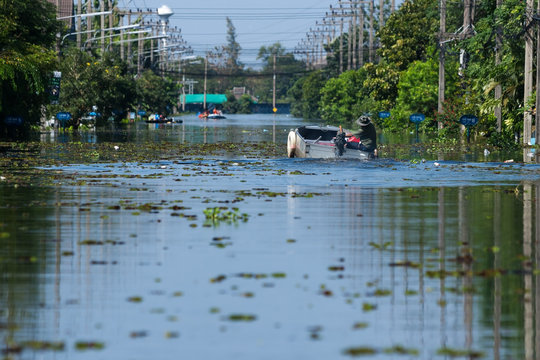 Transportation in flooding. Bangkok, Thailand.