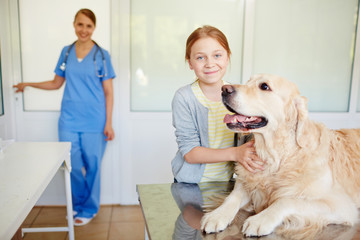 Small red-haired girl standing beside young healthy labrador in vet clinic, looking at camera and smiling cheerfully
