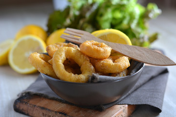  Spanish cuisine. Dish with Fried Calamari