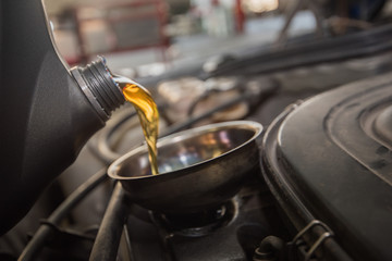 oil change, pouring oil to car engine