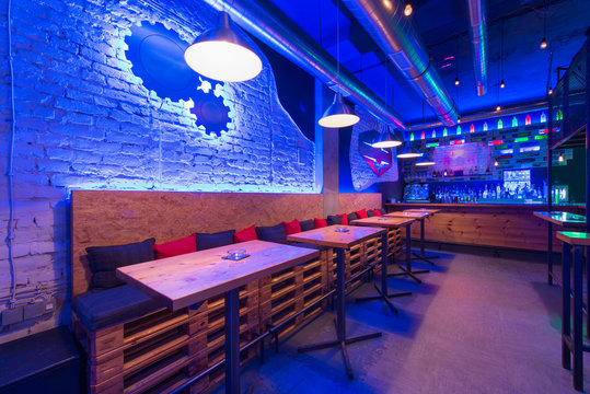 Interior of a night club with pallet furniture