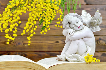 Angel and spring flowers on wooden background