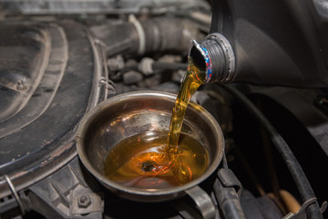 Fototapeta na wymiar oil change, pouring oil to car engine