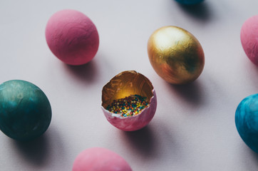 colorful easter eggs with confectionery sprinkling