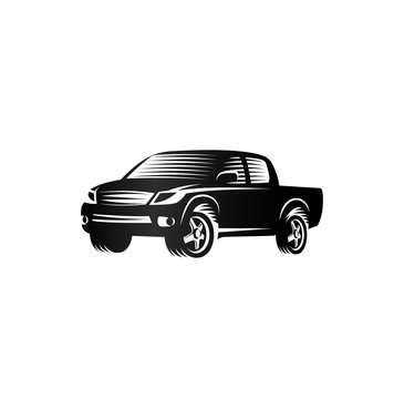 Isolated monochrome engraving style pickup trucks logo, cars logotype, black color automotive vehicle vector illustration