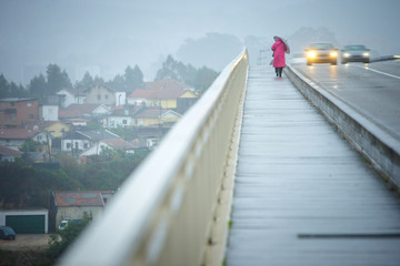 Storm weather. A woman in a pink coat with an umbrella is a sidewalk in the rain. Cars at high speed pass by.