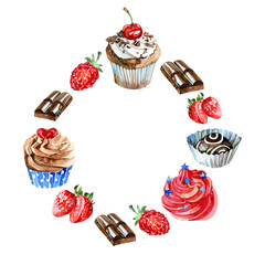Watercolor sweets label. Card background with hand drawn food objects: cupcakes, chocolate, berry. Party time frame