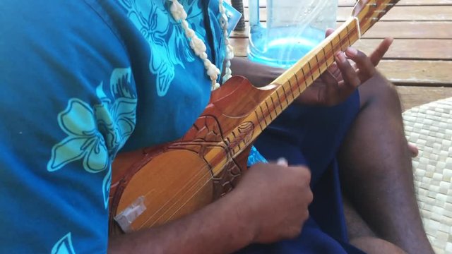 Polynesian Pacific islander man sing and plays Music with Ukulele guitar