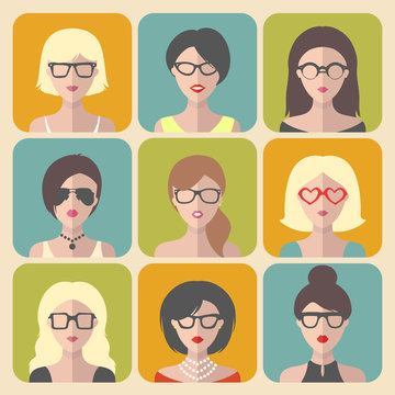 Vector set of different women app icons in glasses in flat style.