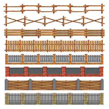 Different seamless wood and brick fences. Vector.