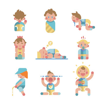 Set of cute small babies in action. Vector.