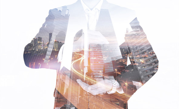 image of businessman with double exposure mix media.business concept