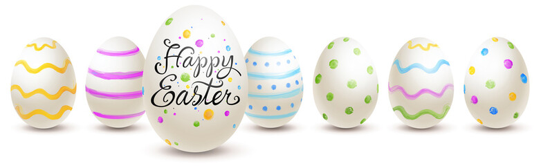 Row of painted easter eggs with various patterns and lettering - happy easter