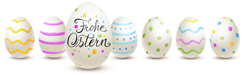 Bunt bemalte Ostereier mit verschiedenen Wasserfarben Muster und Kalligraphie - Frohe Ostern