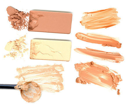 Collage of cosmetics foundation powder on white background. Beauty and makeup concept.