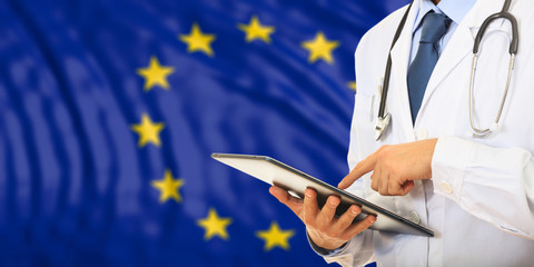 Doctor on EU flag background. 3d illustration - obrazy, fototapety, plakaty