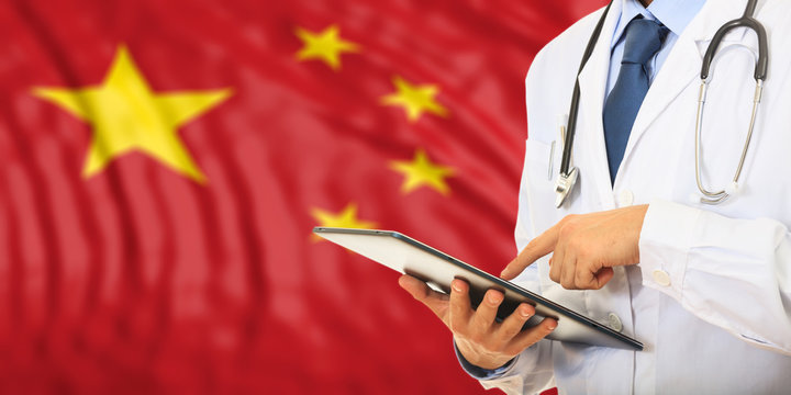 Doctor on China flag background. 3d illustration