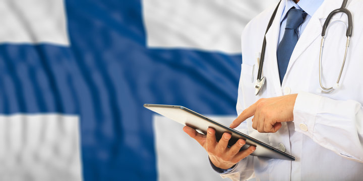 Doctor on Finland flag background. 3d illustration