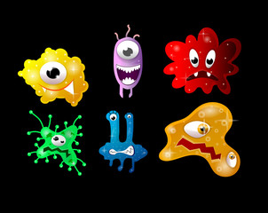 Set of cartoon bacteria, fun characters, cute monsters with different shapes, colors and facial expressions.