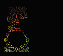 Magic black background, with circular openwork frame and elegant phoenix with a flower in its beak sitting on a branch	