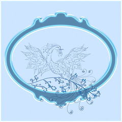 Elegant glass blue oval frame, a phoenix on a branch, painted lines with swirls