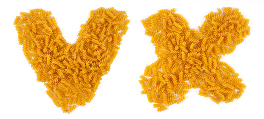 Alphabet made of pasta. Letter V and X.