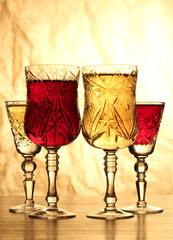 Glass and bottle wine on wooden table