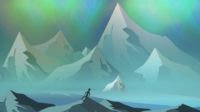 Mountains Landscape with Northern Aurora - Vector Illustration