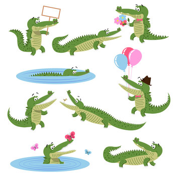 Crocodile Daily Activities Set. Cartoon Predator