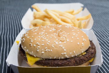 Close Up of Cheeseburger with French Fries