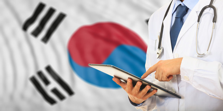 Doctor on South Korea flag background. 3d illustration