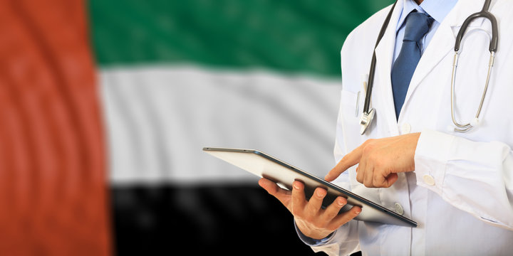 Doctor on UAE flag background. 3d illustration