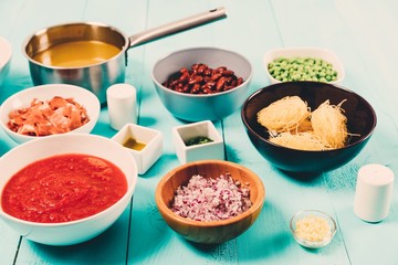Red and Yellow Capsicum, Onion, Bacon, Vegetable Stock, Ketchup, Beans and Peas And Vermicelli Pasta Food Ingredients For Minestrone Soup Recipe