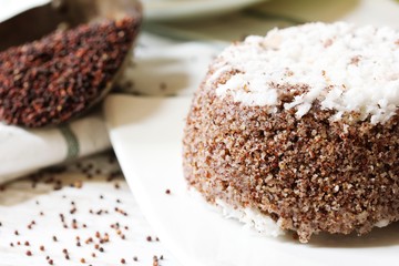 Ragi Puttu  - South Indian breakfast with Finger Millet and fresh coconut served with banana, selective focus