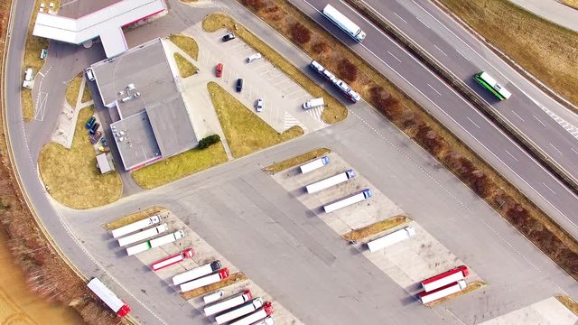 Aerial view of highway D5 gasoline station with parking nearby Pilsen, Czech republic, Central Europe. Transportation concept.